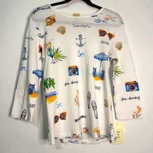 Jess & Jane white 100% cotton T-shirt w/3/4th sleeves. Sz M. NWT.